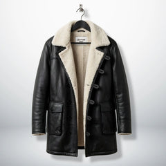 Front view of men’s long black Bane shearling leather coat by Leather Unit