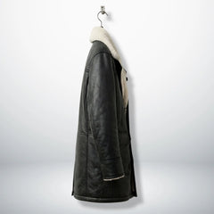 Side profile of men’s long black shearling leather coat