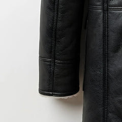 Sleeve and cuff detail on men’s black sherpa leather winter coat