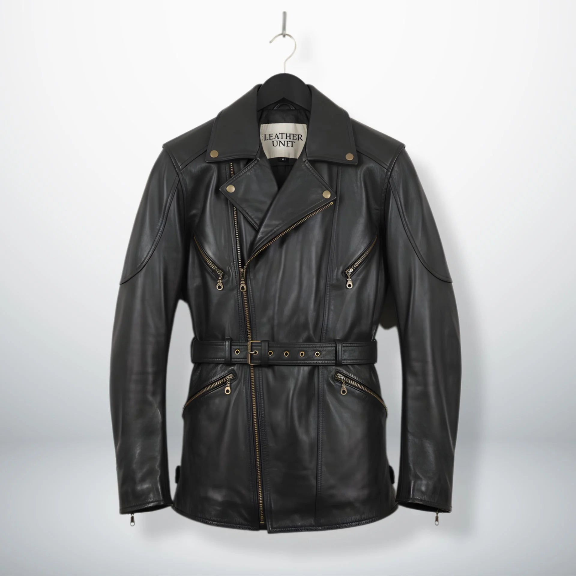 front view mens black leather motorcycle coat belted biker jacket by Leather Unit.