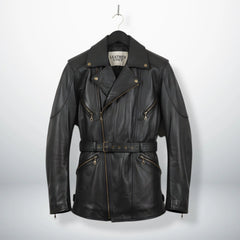 front view mens black leather motorcycle coat belted biker jacket by Leather Unit.