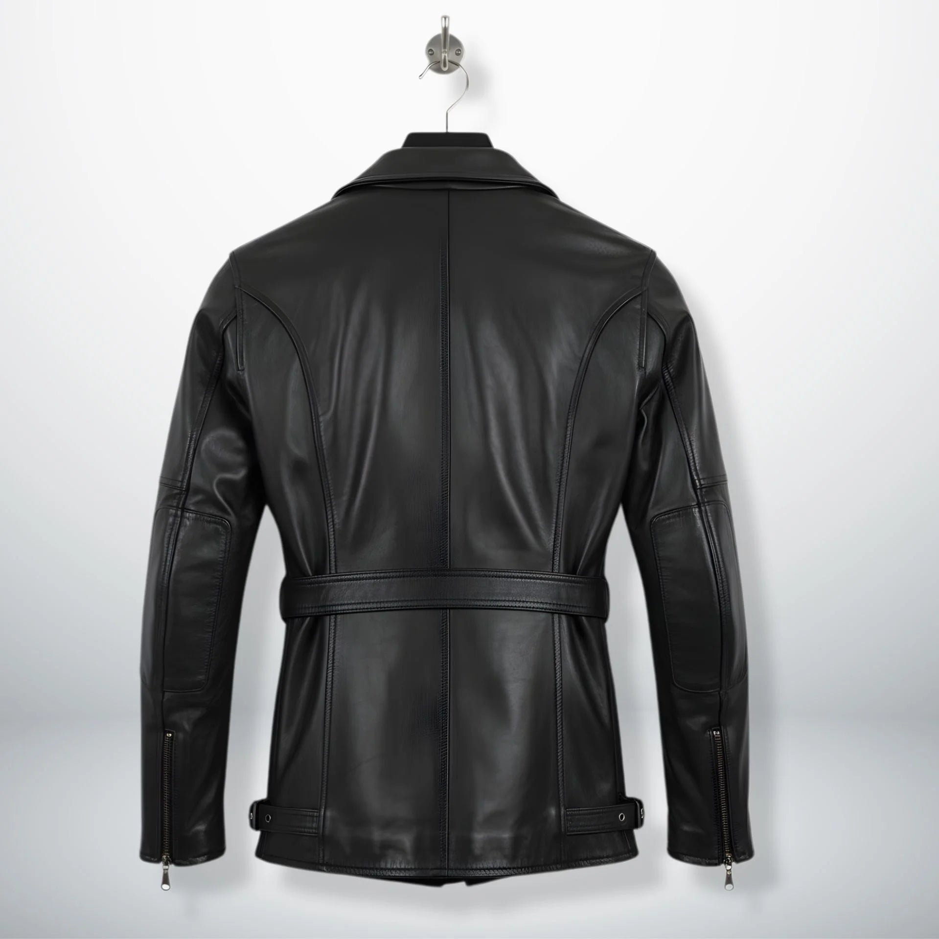 back view mens long black cowhide leather motorcycle coat.