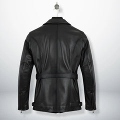 back view mens long black cowhide leather motorcycle coat.