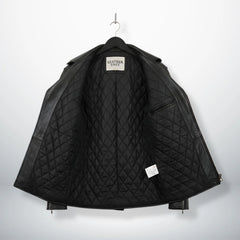 interior view black leather motorcycle coat with quilted lining and inside pocket.
