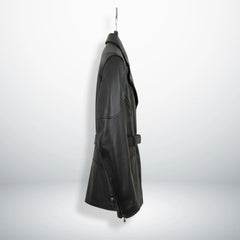 side profile mens black belted biker leather coat hanging on hook.