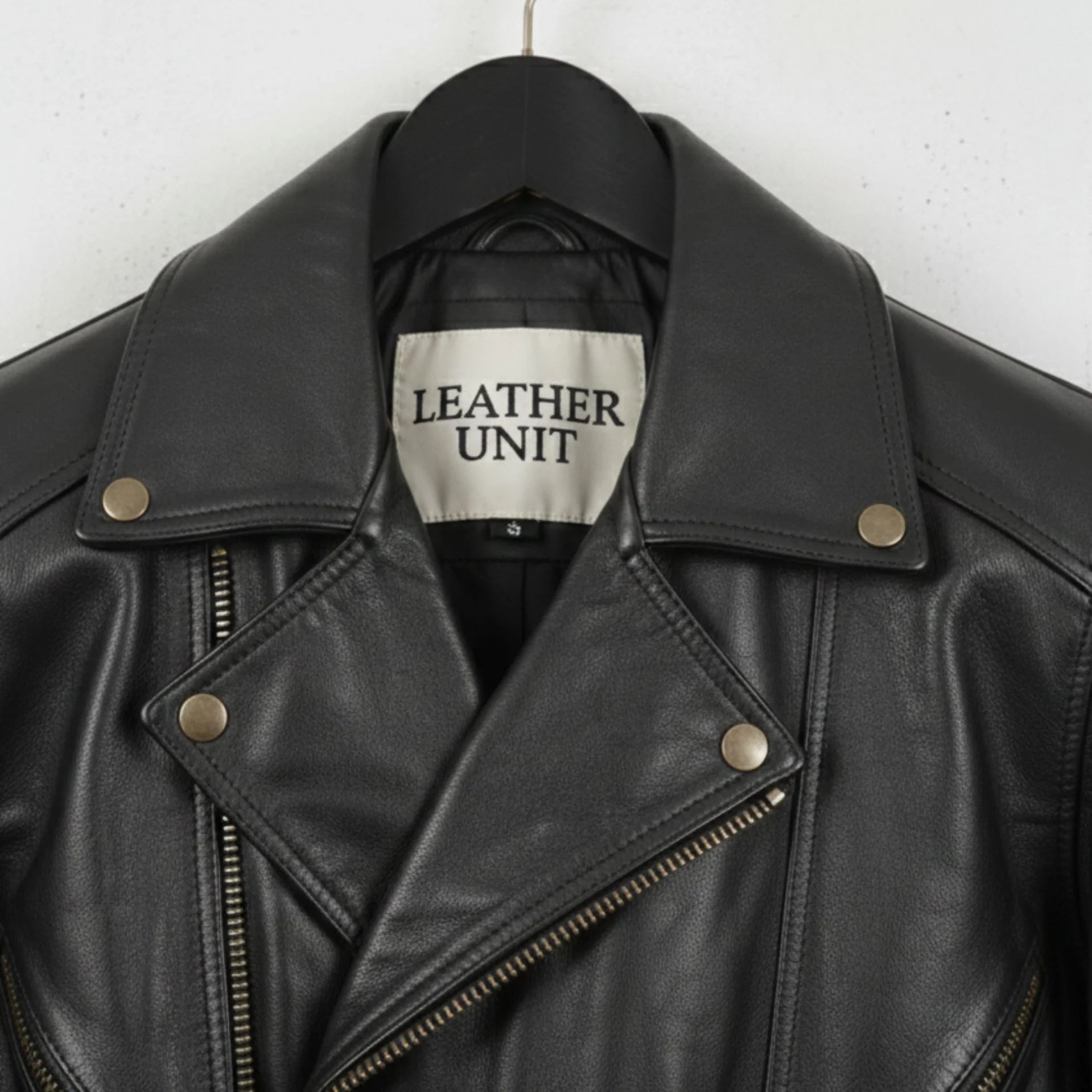 close up collar lapels and snaps on mens black leather motorcycle jacket leather unit label.