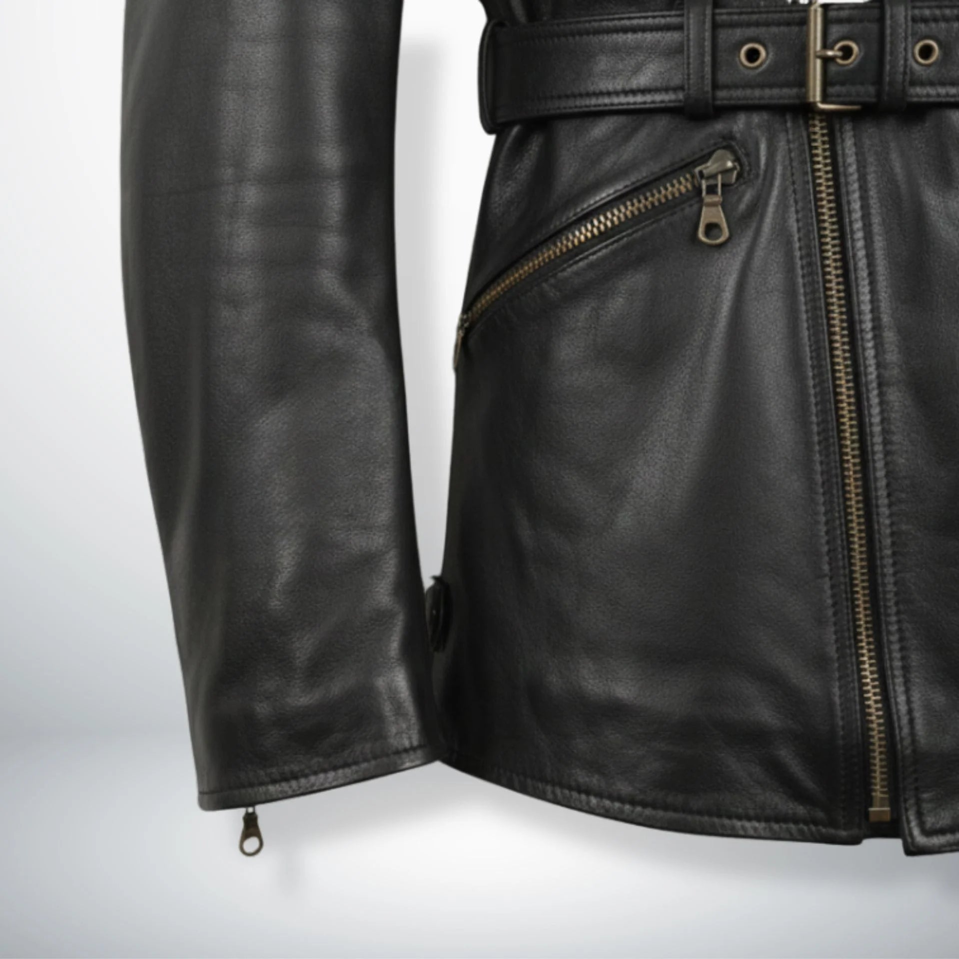 close up sleeve zipper and lower zip pocket on mens black leather biker coat.