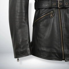 close up sleeve zipper and lower zip pocket on mens black leather biker coat.