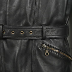 close up belted waist and brass zipper pocket on mens black leather motorcycle coat.