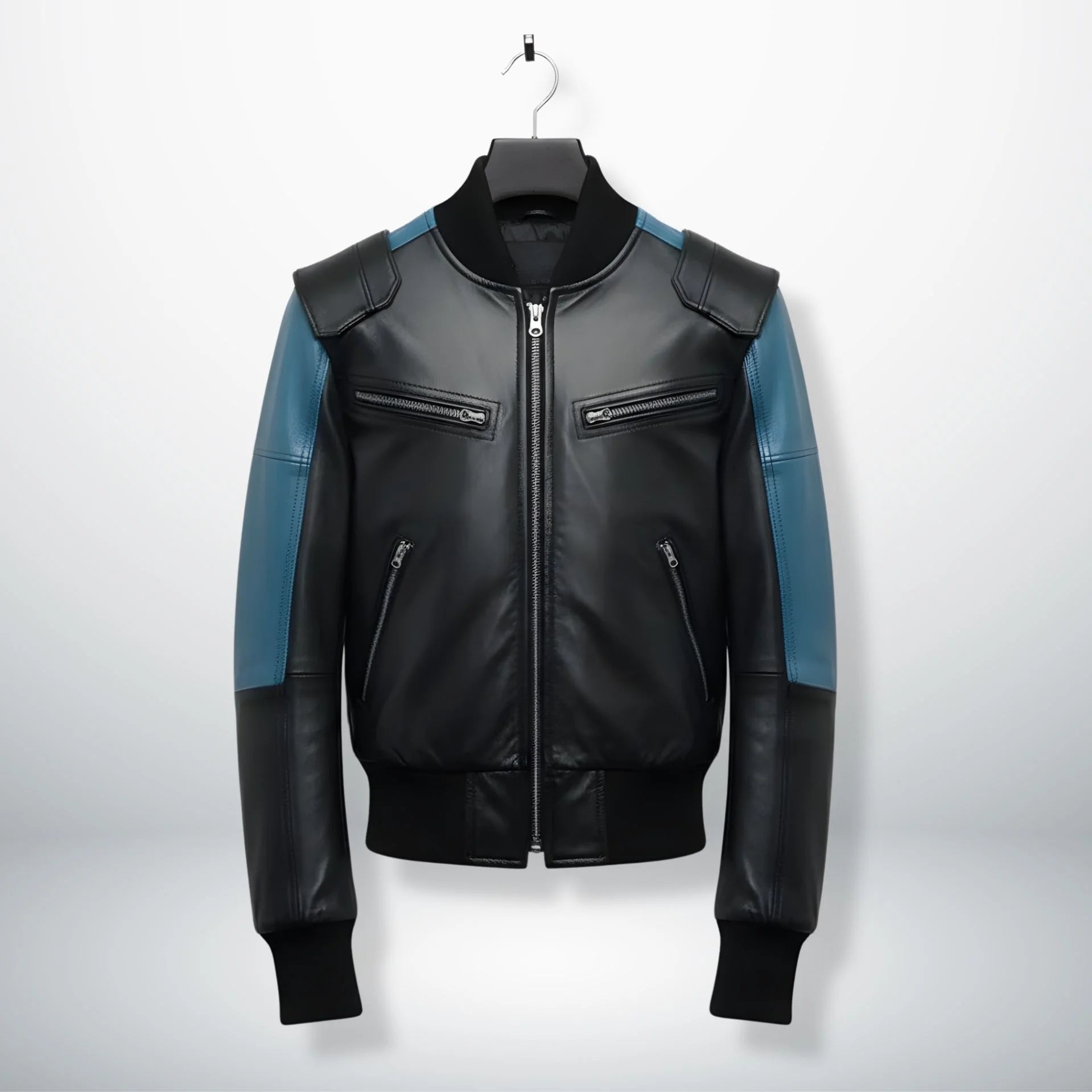 front view mens black and blue bomber leather jacket with zip pockets by Leather Unit.