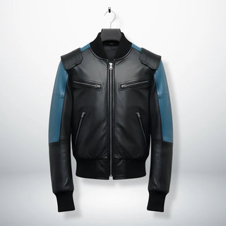 front view mens black and blue bomber leather jacket with zip pockets by Leather Unit.
