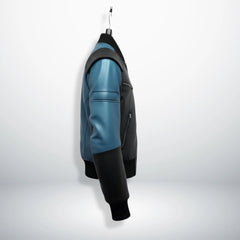side profile mens black and blue leather bomber jacket padded shoulder detail.