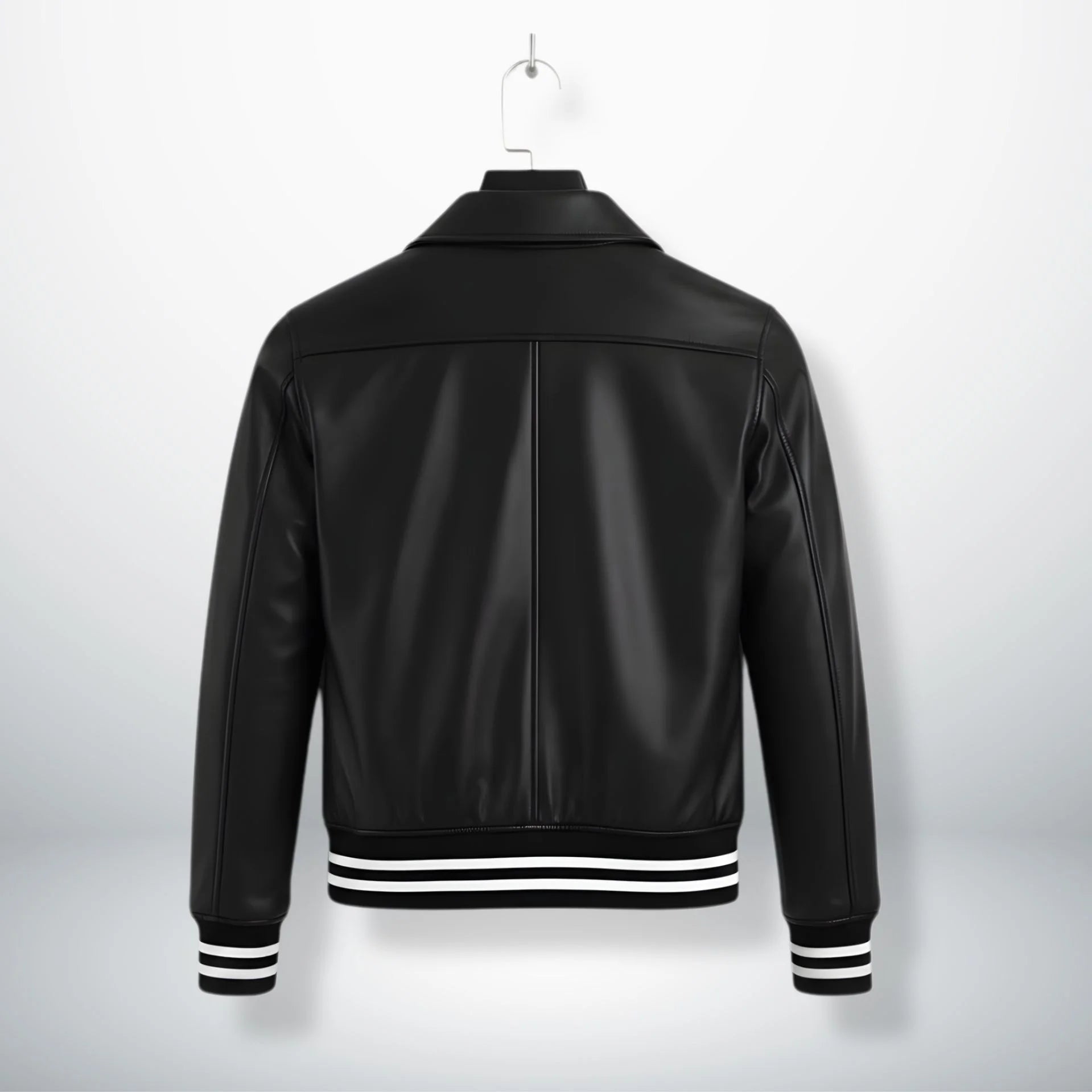 back view mens black genuine leather bomber jacket with striped hem.