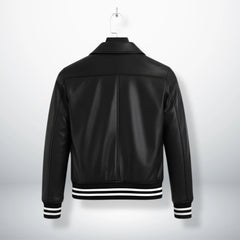 back view mens black genuine leather bomber jacket with striped hem.