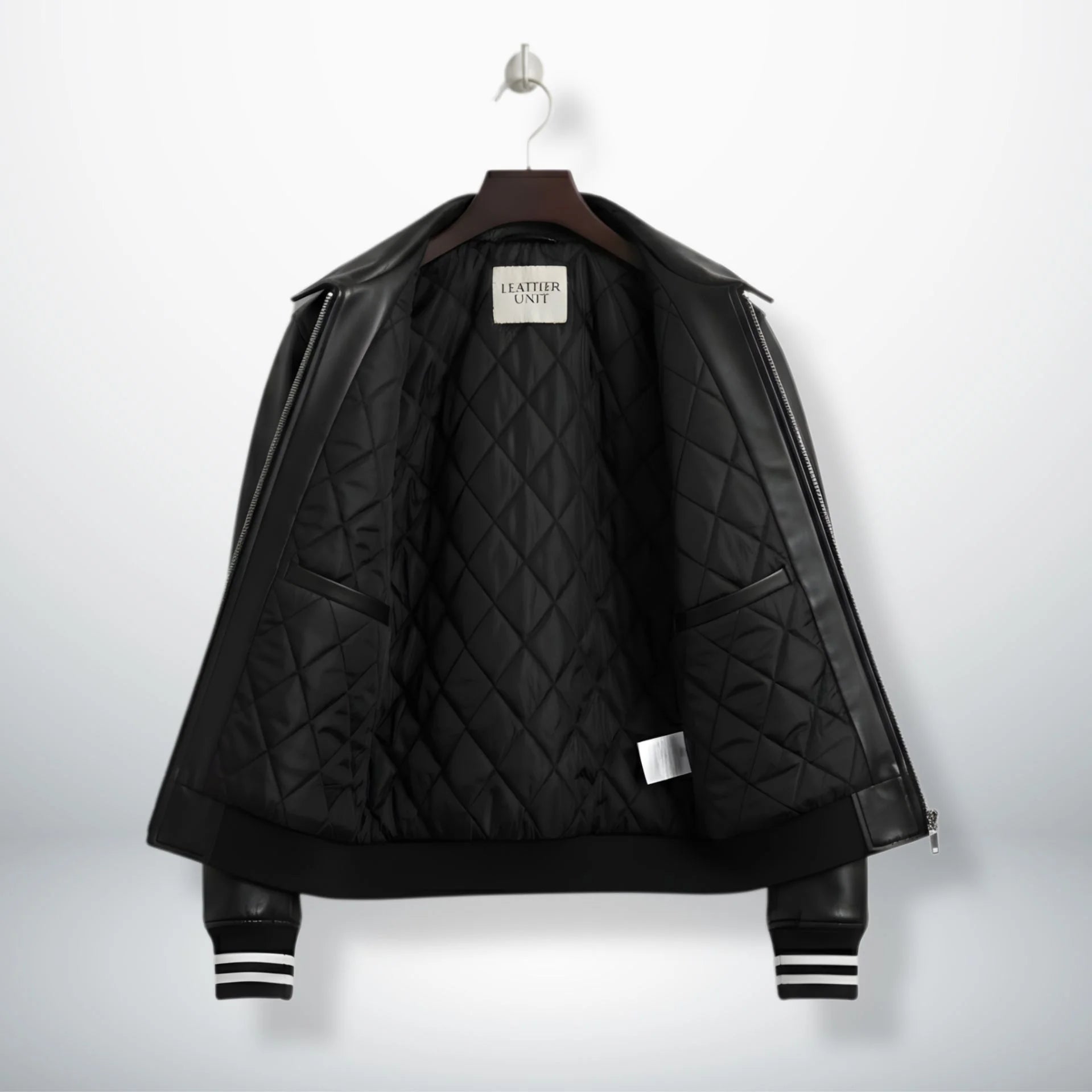 inside view black bomber leather jacket with quilted lining and inner pockets.