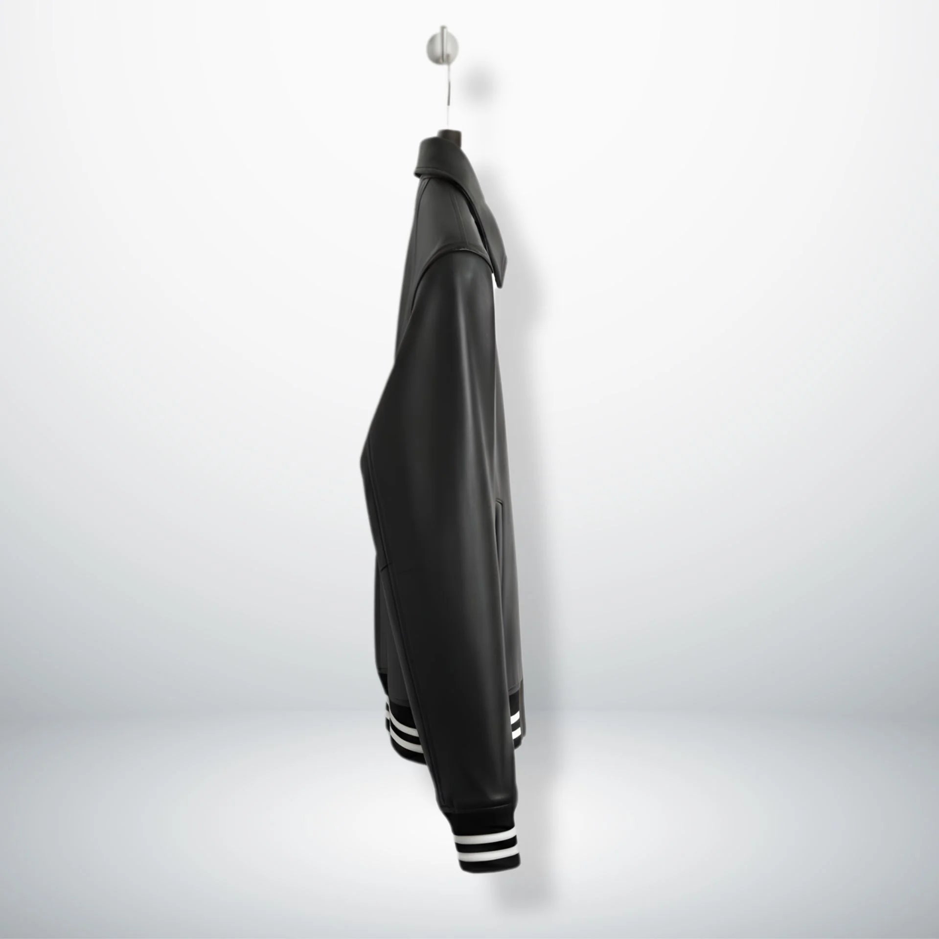 side profile mens black leather bomber jacket hanging on hook