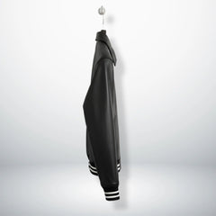 side profile mens black leather bomber jacket hanging on hook