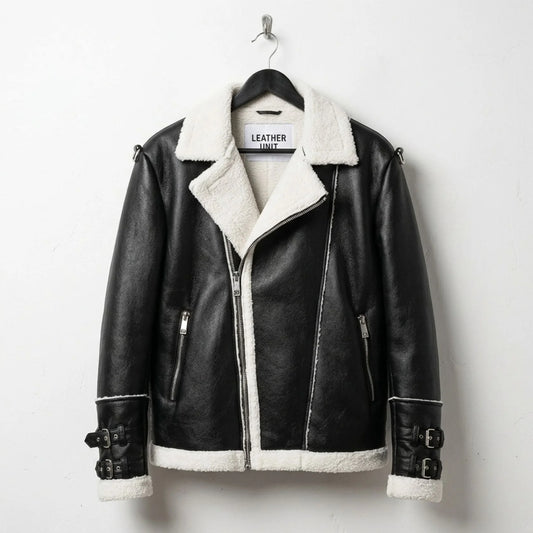 front view mens black faux shearling moto jacket with white sherpa collar by Leather Unit.