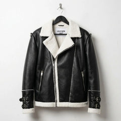 front view mens black faux shearling moto jacket with white sherpa collar by Leather Unit.