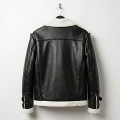 back view mens black faux leather shearling jacket with white hem.
