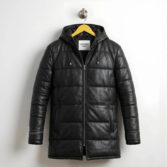Front view of men's black hooded leather puffer winter coat by Leather Unit.