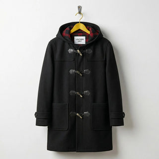 Front view of men's black hooded wool duffle coat with toggles by Leather Unit.