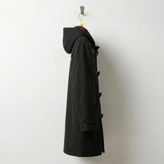 Side profile of men's black hooded duffle wool coat with regular fit.