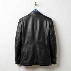 Back view of men’s black leather blazer jacket