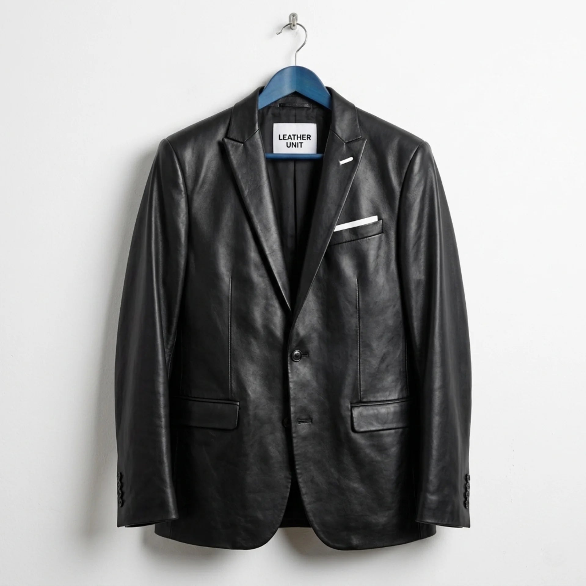 Front view of men’s black lambskin leather blazer by Leather Unit