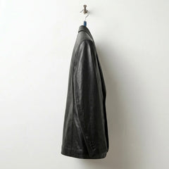 Side profile of men’s black leather sport coat