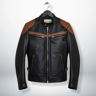 front view of men's black leather biker jacket with brown stripes and zip pockets.