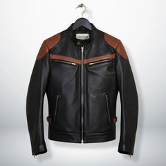 front view of men's black leather biker jacket with brown stripes and zip pockets.