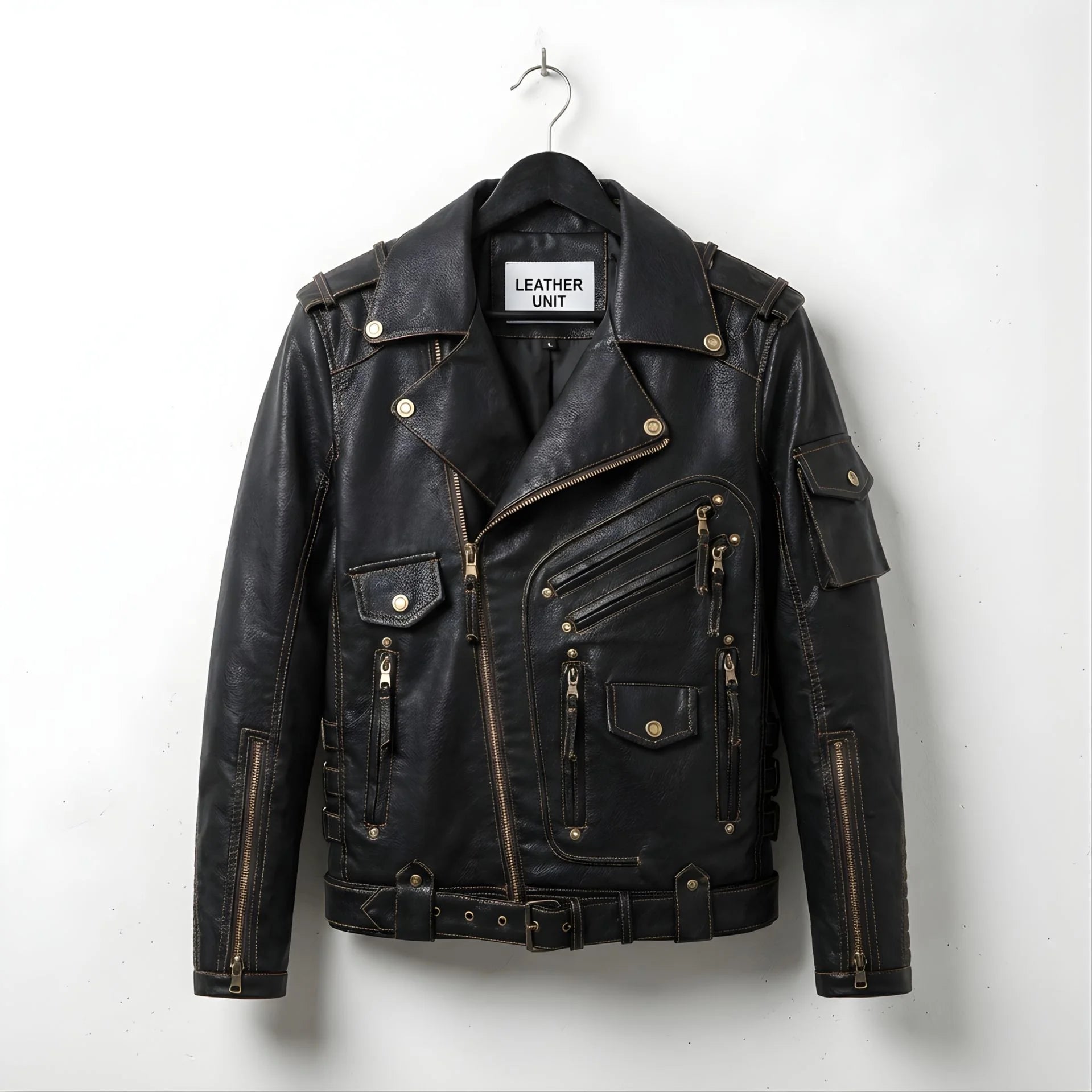 front view of men's black leather biker jacket with multiple zip pockets and belt.