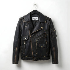 front view of men's black leather biker jacket with multiple zip pockets and belt.