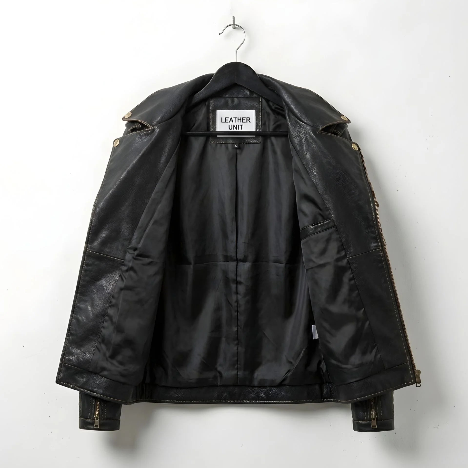 interior of men's black leather biker jacket showing black lining.