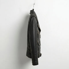 side profile of men's black leather biker jacket with sleeve pocket and buckles.