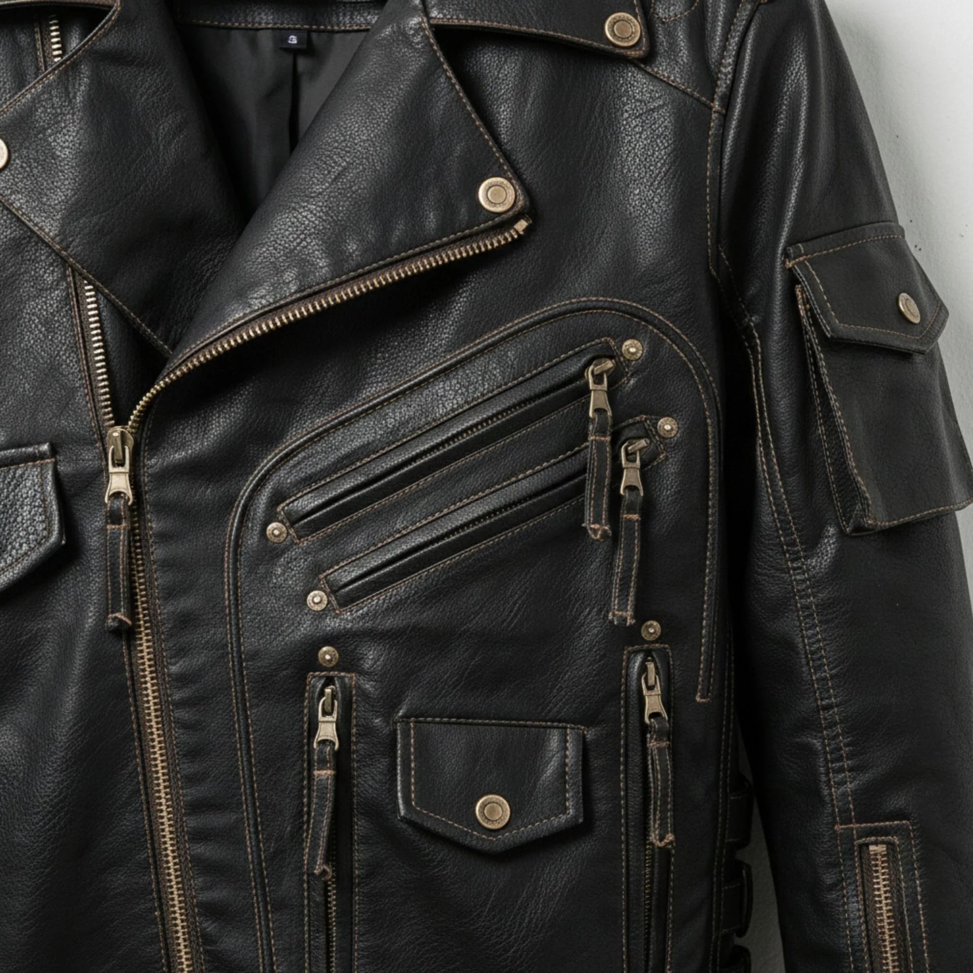 detail of chest zip pockets and flap pocket on men's black multi pocket leather jacket.