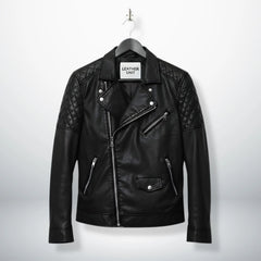 front view of men's black leather biker jacket with quilted shoulders.