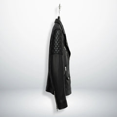 side profile of men's slim black leather moto jacket with quilted arm.