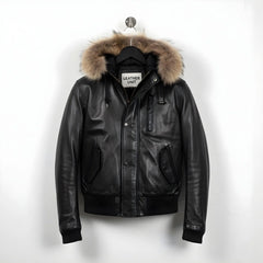 front view of men's black leather bomber jacket with fur hood.