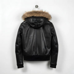 back view of men's black leather hooded bomber jacket with fur trim.