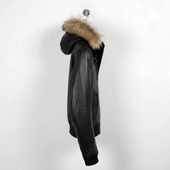 side profile of men's black leather jacket with fur trimmed hood.
