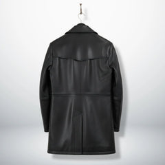 Back view of men’s 3/4 length black leather coat with yoke and vent