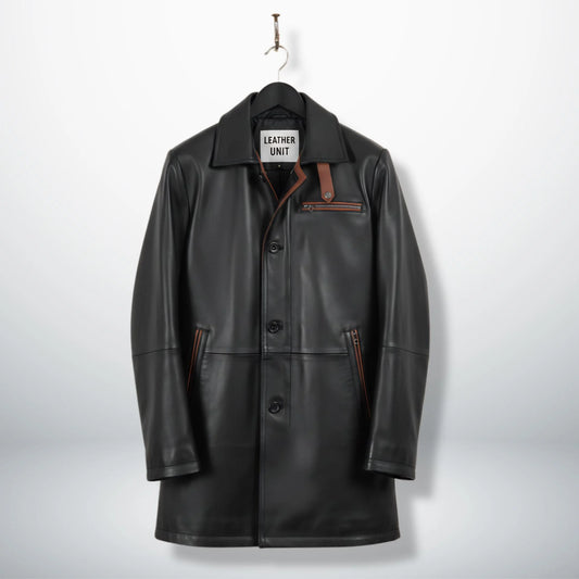 Front view of men’s black leather car coat with brown trim by Leather Unit