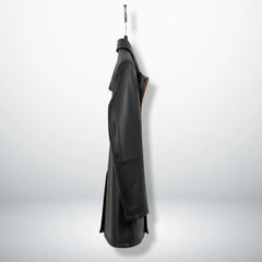 Side profile of men’s black 3/4 leather car coat
