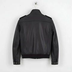 back view of men's black leather utility bomber jacket.