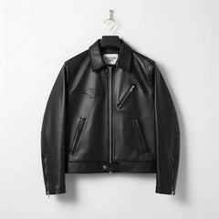 front view of men's black leather jacket with plaid lining and chest zip pocket.
