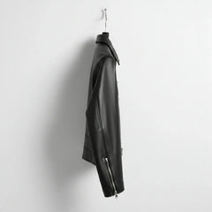 side profile of men's black leather biker jacket with zip cuff detail.