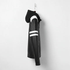 Side profile of men's black leather motorcycle jacket with attached hood and white arm stripes.