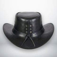 Back view of black leather outback hat showing eyelets and leather tie band